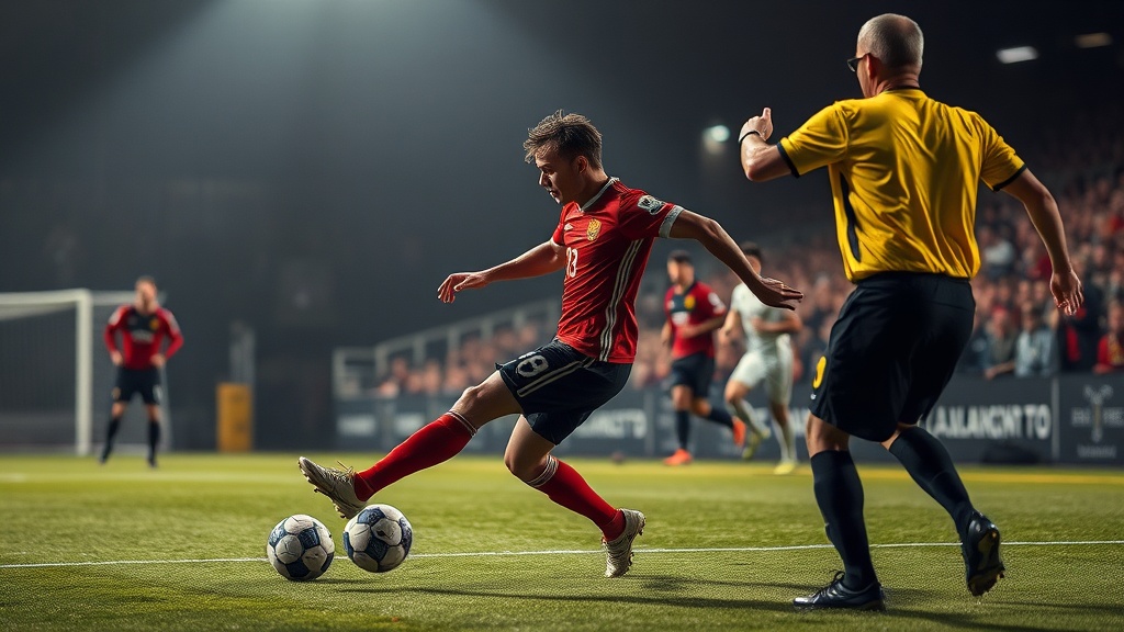 공격수가 오프사이드 위치에서 공을 향해 움직이며 수비수를 방해하는 상황을 포착한 이미지