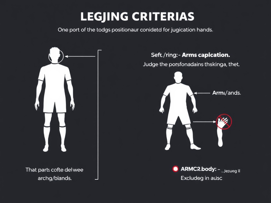 축구 선수의 머리, 몸통, 발은 판정 대상이고 팔은 제외됨을 나타낸 설명 그림