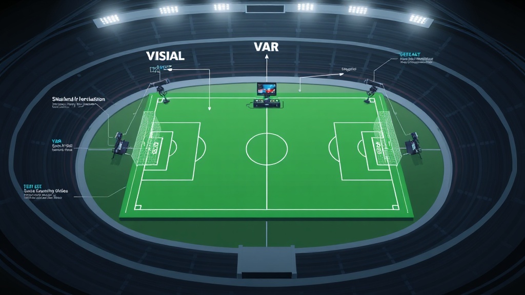 축구 경기장 상단에 설치된 여러 대의 카메라와 VAR 센터를 나타낸 시스템 구성도